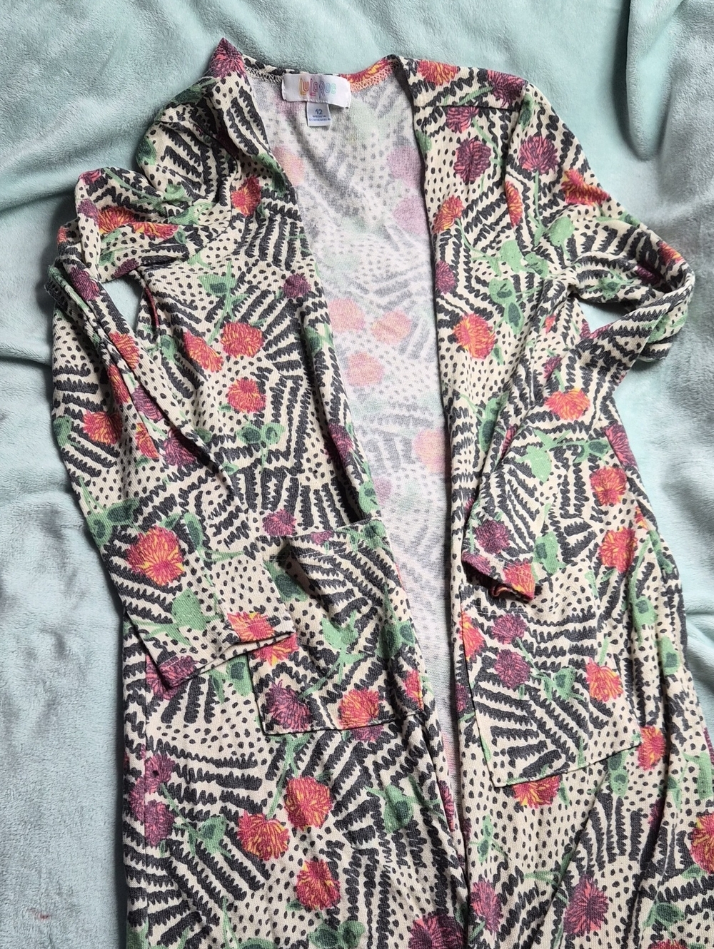 LuLaRoe Kids Sariah Duster - Floral Cream with Pink & Green Size 12